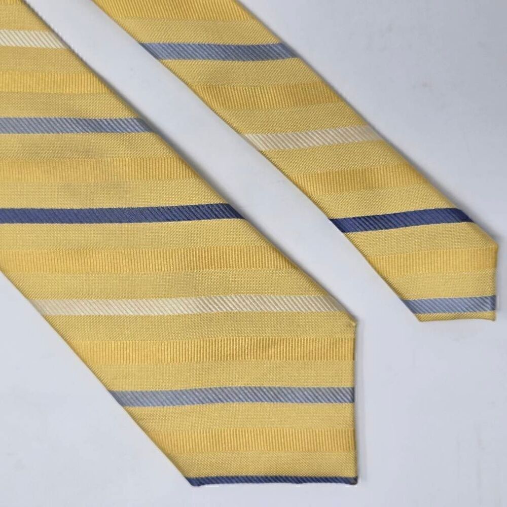 NEIMAN MARCUS SILK TIE YELLOW BLUE SATIN REPP STRIPE TEXTURED 3.25" X 61"